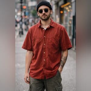 Carhartt Mens Rust Red Cotton Casual Button Down Workwear Shirt - Size Medium